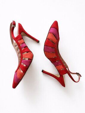Paco Mena by Menbur Red & Pink Suede Slingback Heels – Pointed Toe Colorblock Pu